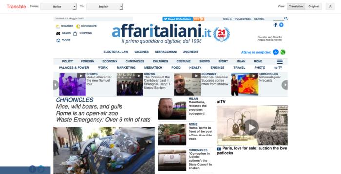 이탈리아 뉴스 사이트를 구글 번역으로 다른 언어로 옮길 수 있다.