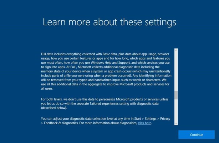 윈도우 10 가을 크리에이터 업데이트 설치 과정에서 표시되는 개인 정보 보호 정책