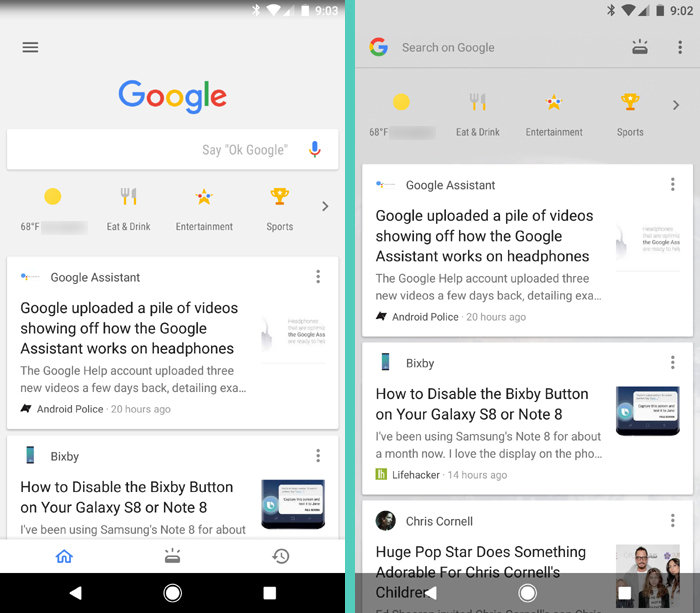  구글 앱에서의 구글 피드(왼쪽)과 홈 화면에서의 구글 피드(오른쪽) 