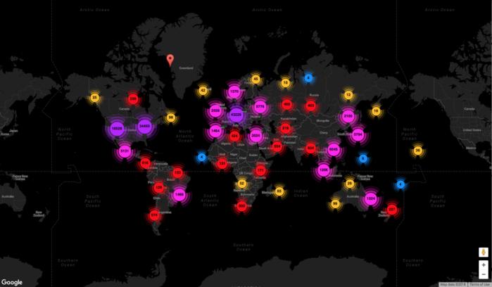 이 지도는 스토리지 랩스 파머들의 노드가 전 세계 어디에 위치하고 있는지 보여준다. 